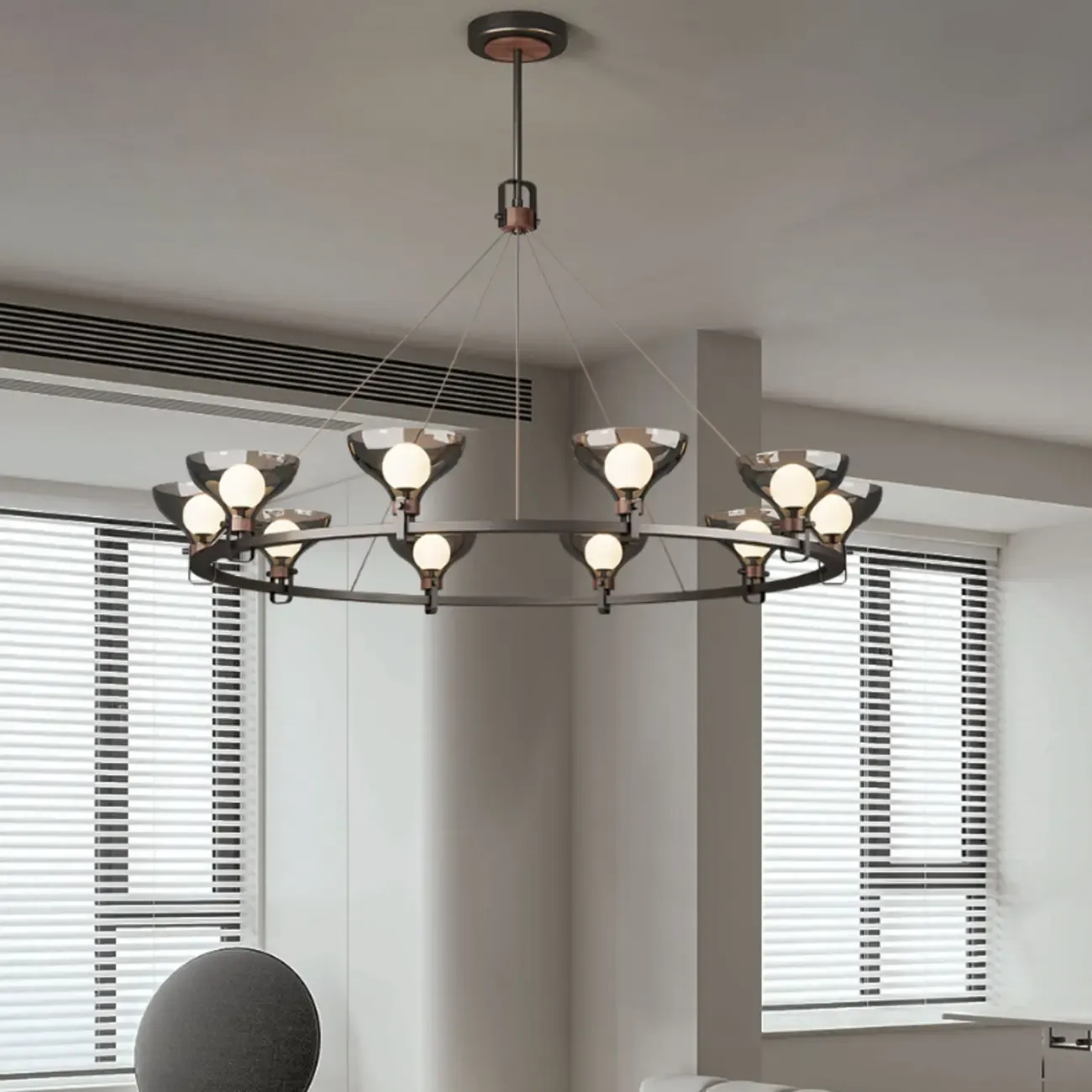 Black Industrial Metal Chandelier with Gray Glass Shade