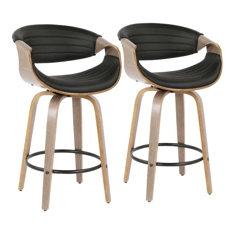 Faux Leather Counter Stool with Bent Wood Legs & Round Footrest (Set of 2)