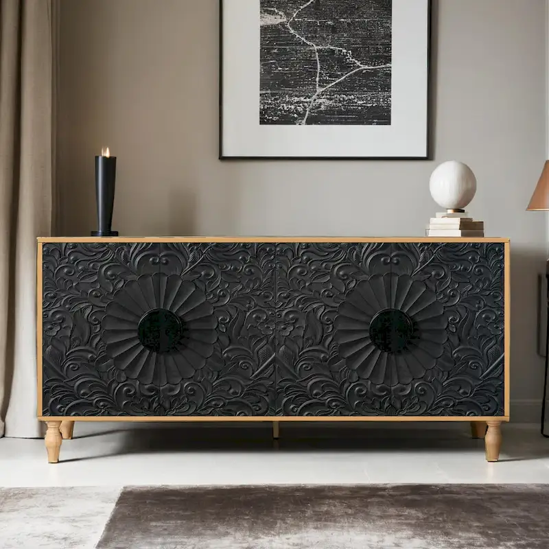 Carved Symmetrical Design Door And Wood Coloured Frame For TV Stand Table,Living Room ,Entryway