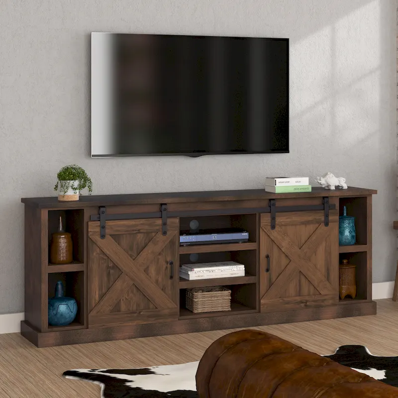 Bridgevine Home Farmhouse 85 inch TV Stand Console for TVs up to 95 inches, No Assembly Required, Aged Whiskey Finish