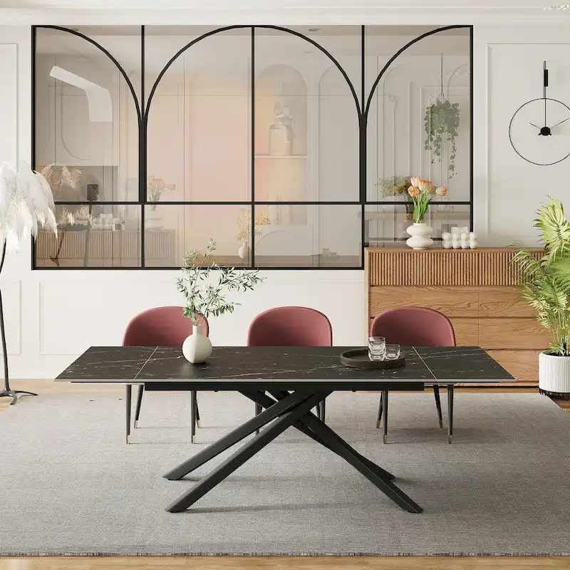 9 - Piece Extendable Rectangular Sintered Stone Cross Legs Dining Set With 8 Chairs For Home or Villa