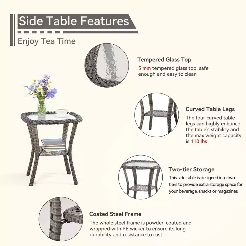 UPTIOT Outdoor Bistro Set with Ergonomic PE Rattan Chairs & Tempered Glass Side Table