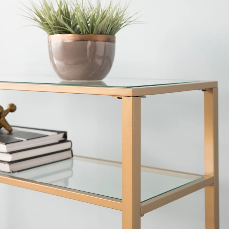 SEI Furniture Price Matte Gold Metal Console Table with Shelf and Tempered Glass