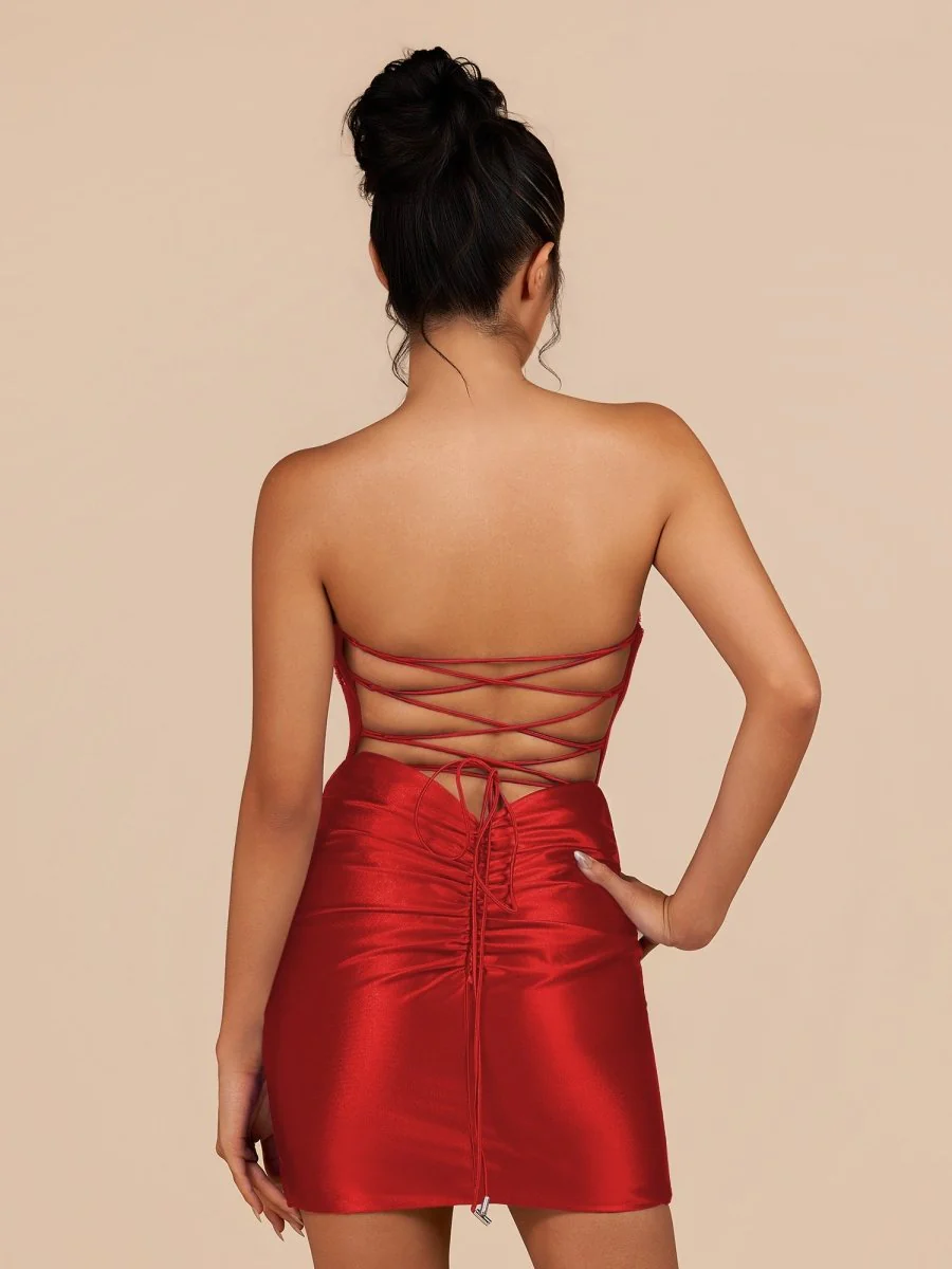 Red Bodycon Satin Sweetheart Corset Homecoming Dress with Sequined Flowers