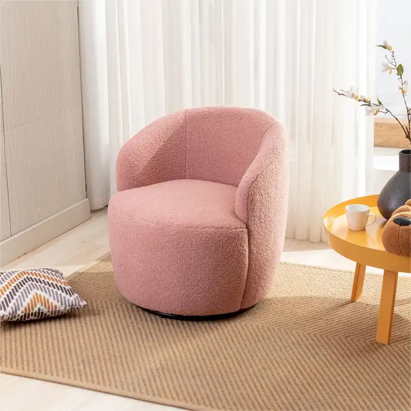 360° Swivel Barrel Accent Chair – Soft Teddy Fabric, Ergonomic Backrest
