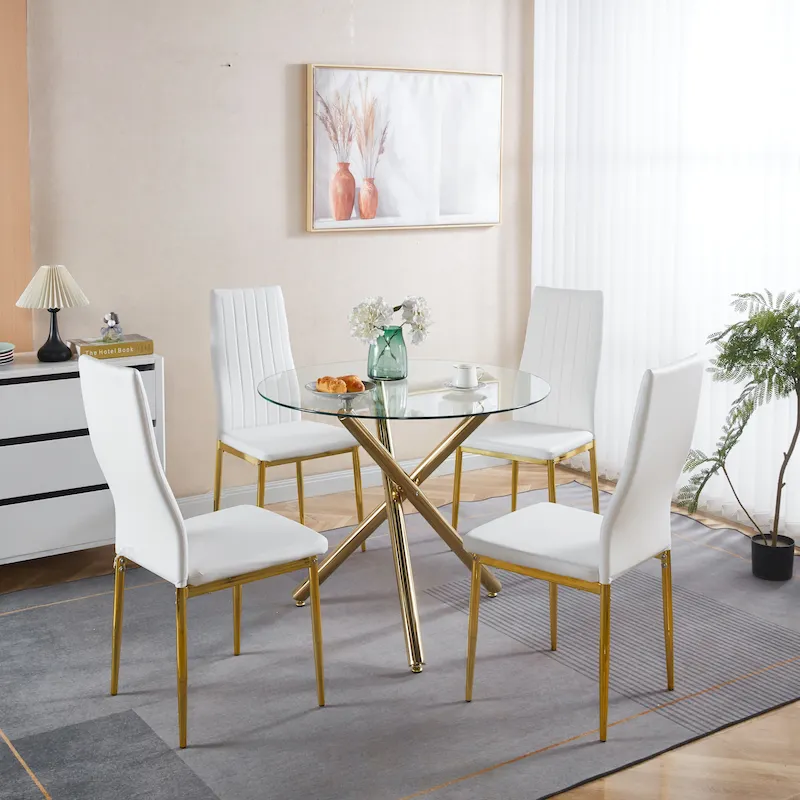 1+4, 5pieces dining set, Table metal leg Mid-century Dining Table for 4-6 people With Glass Table Top, Pedestal Dining Table