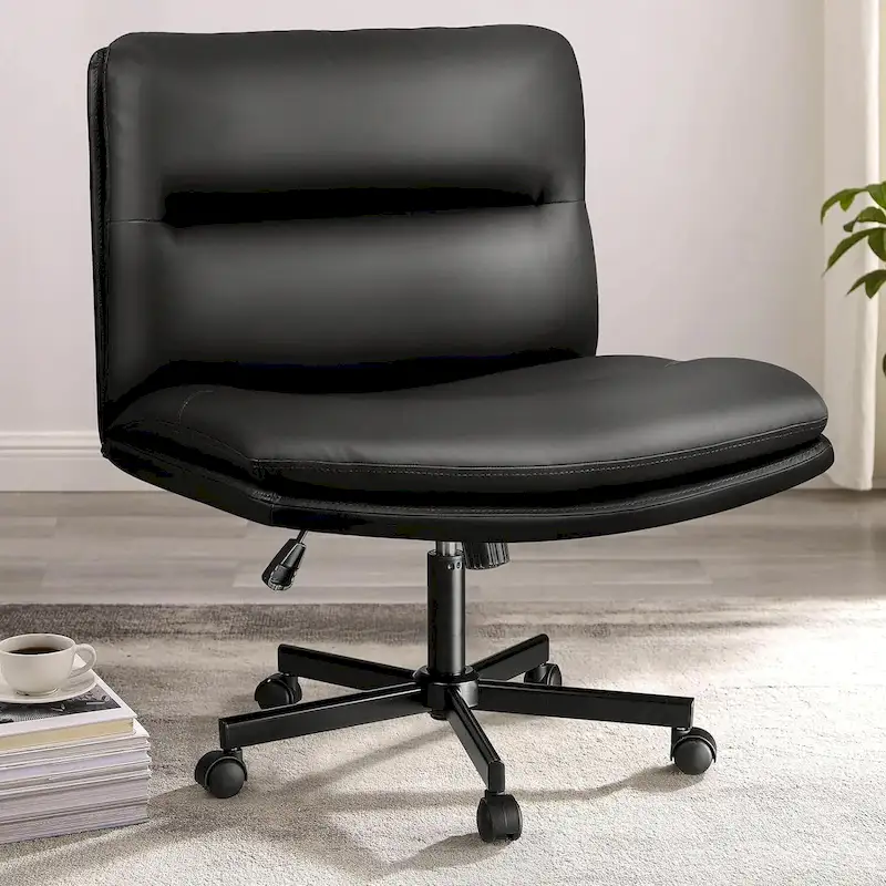 Cross Chair with Wheels,PU Leather Armless Cross Legged Office chair, Adjustable Wide Seat Task Vanity Chair