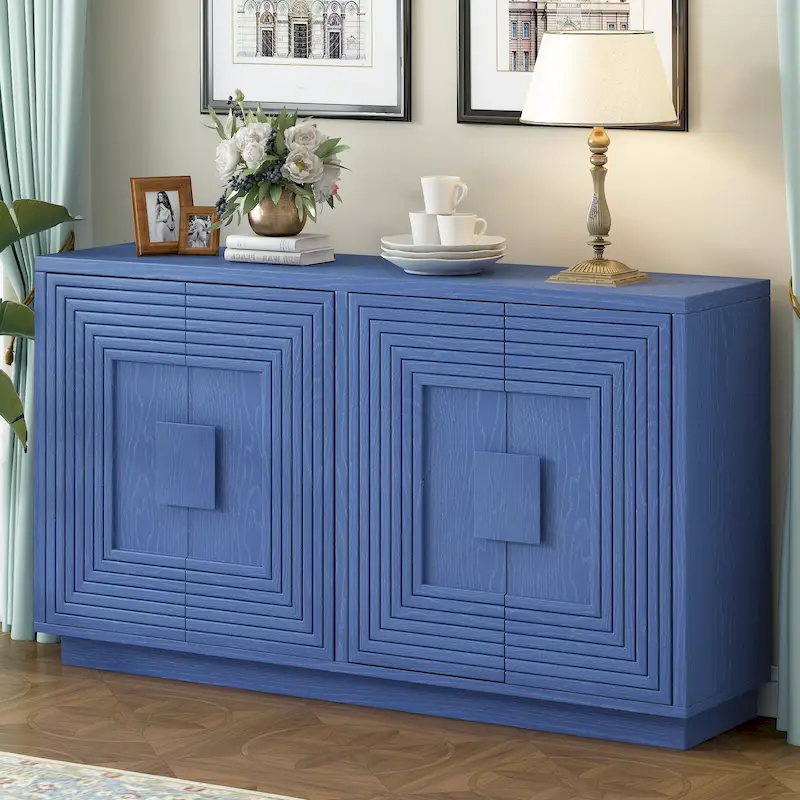 Navy Blue / Espresso / Antique White 4-Door Fluted Sideboard Cabinet