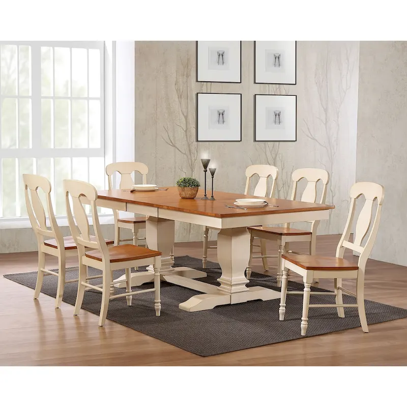 Double Pedestal Transitional Antiqued Caramel/Biscotti Napoleon Back Dining Table with 6 Chairs