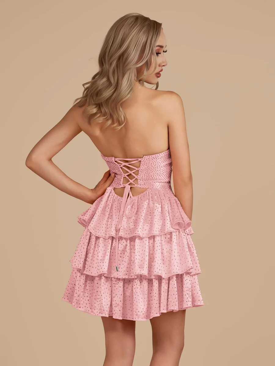 Pink - A Line Sweetheart Satin Cut Out Ruffled Homecoming & Cocktail Dresses with Beads