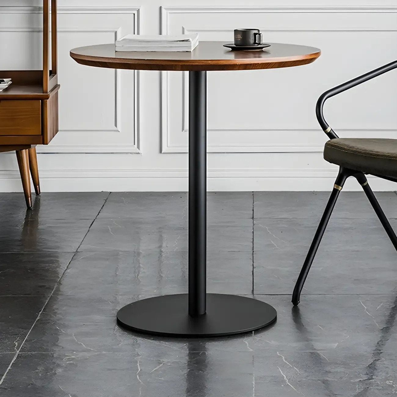 Modern Brown Wood Grain Black Metallic Pedestal Bar Tables