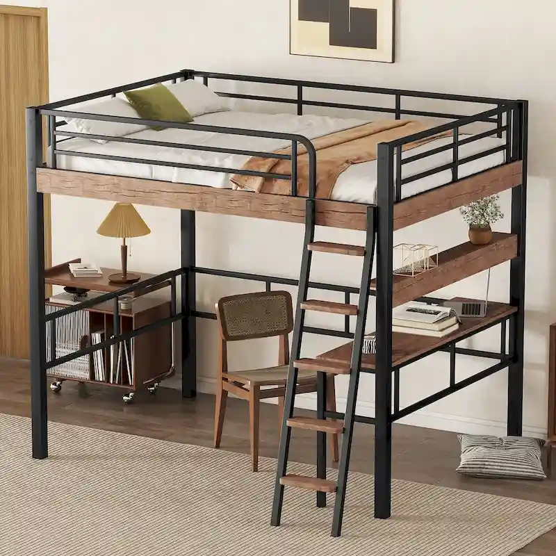 Metal Full Size Loft Bed with Built-in Desk, Storage Shelf and Ladder