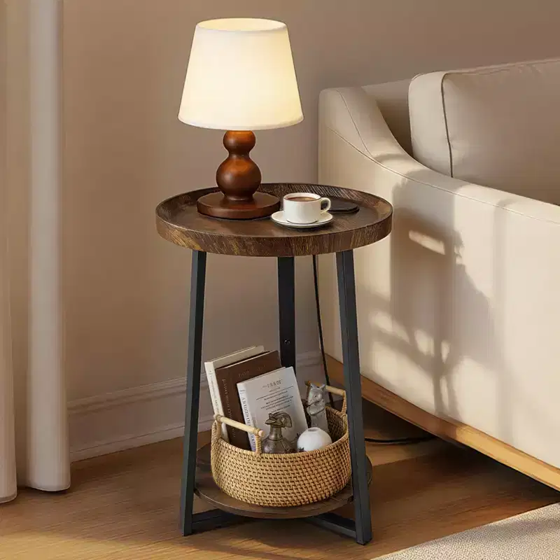 VEVOR End Table, 2-Tier Round Side Table with Open Storage Shelves, Modern Nightstand Bedside Desk with USB & AC Charging Port, Wood, Brown & Black