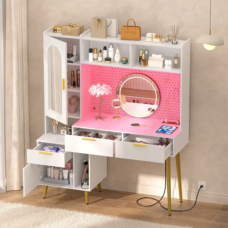 Makeup Vanity with Pegboard and Hutch, Bedroom Vanity Table with Charge Station and LED Light - N/A