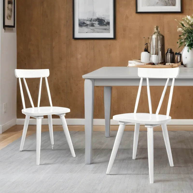 Windsor-Style Spindle Back Armless Dining Chair with Rubberwood Frame & Anti-Slip Seat – White / Black