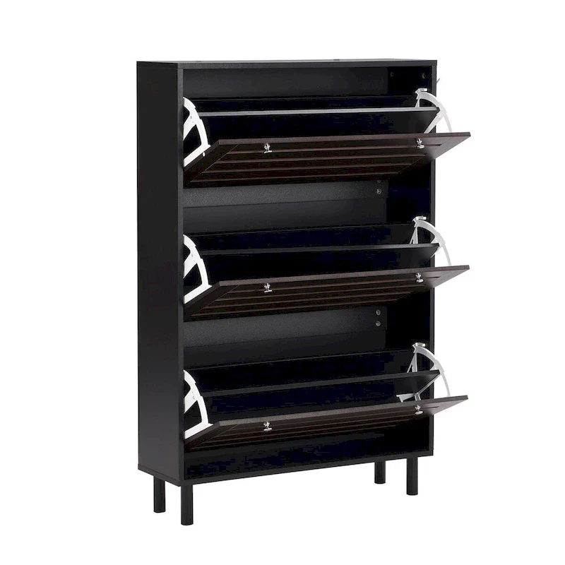 Slim Shoe Cabinet with 3 Flip Drawers & Side Hooks, Black+Dark Brown / White+Dark Brown