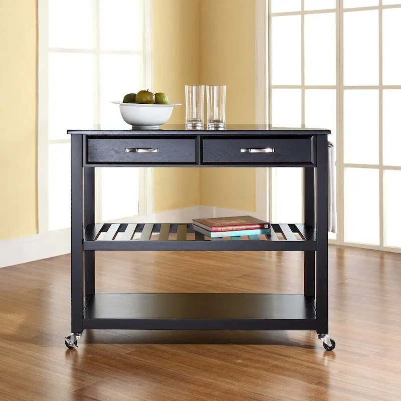 Crosley Solid Black Granite Top Kitchen Cart/Island With Optional Stool Storage in Black Finish - 17d x 43w x 35h