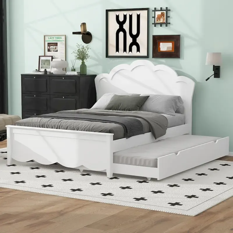 White Full & Twin Trundle Platform Bed with Headboard, Sleeps 2