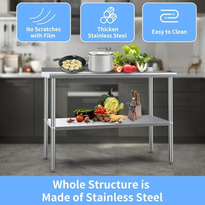 Silver Stainless Steel Commercial Kitchen Prep Table with Undershelf – 4 Sizes