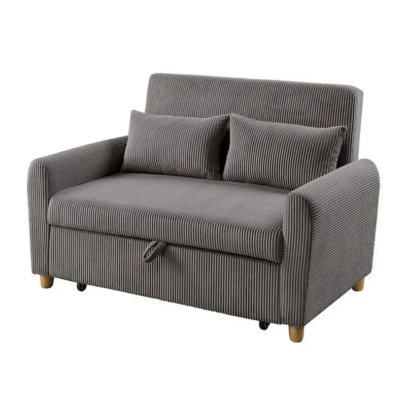 Tina 54 Inch Convertible Sleeper Loveseat, Round Arms, 2 Pillows, Brown