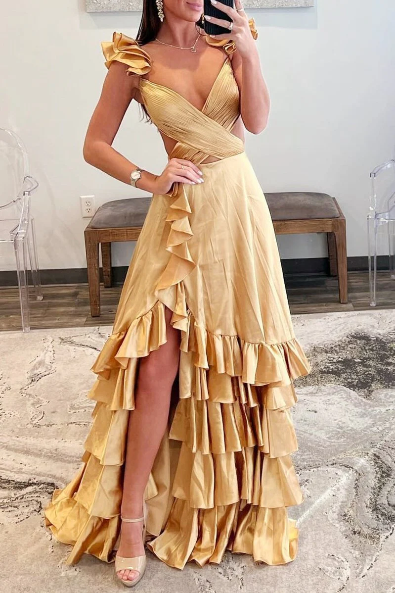 Red Cutout Ruffle A-Line Long Prom Dress with Slit