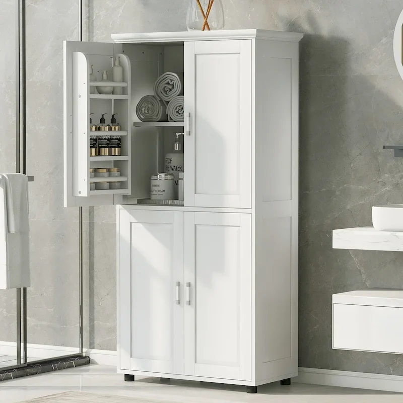 Tall and Wide Bathroom Floor Storage Cabinet, Bathroom Storage Unit, Freestanding Cabinet with 4 Doors, Adjustable Shelves