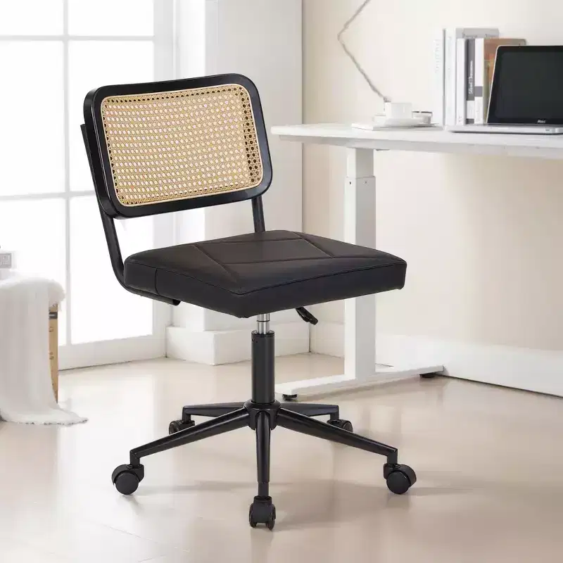 VECELO PU Leather Office Chair, Height Adjustable Swivel Armless Vanity Chair with Wheels, Rattan Back Desk Chair for Small Spaces, Black/White