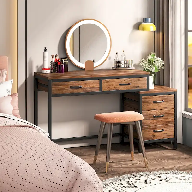 Reversible Computer Desk with 5 Drawers, Home Office Desk with File Cabinet Drawer Printer Stand