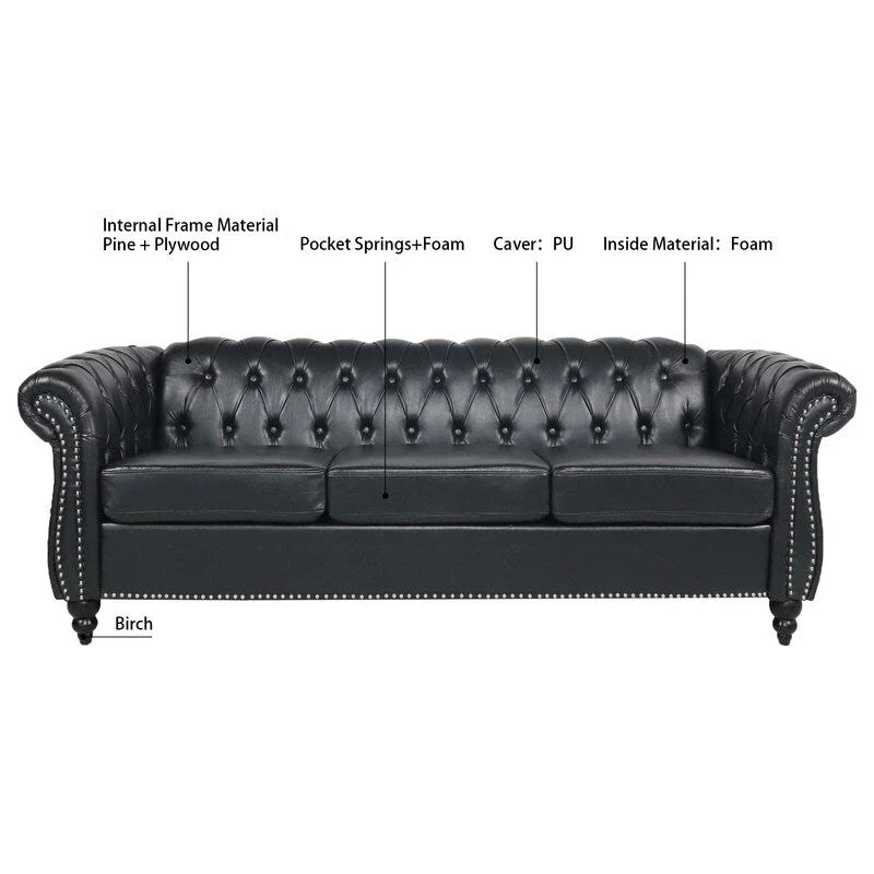 GEITIN 84.65 PU Rolled Arm Chesterfield 3 Seater Sofa