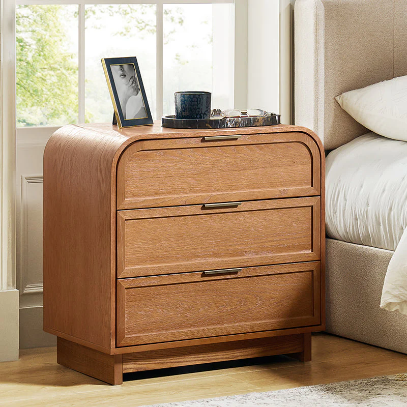 3-Drawer Arched Nightstand with Solid Wood Legs & Built-in USB Charging | Oak / Walnut / Black | Single
