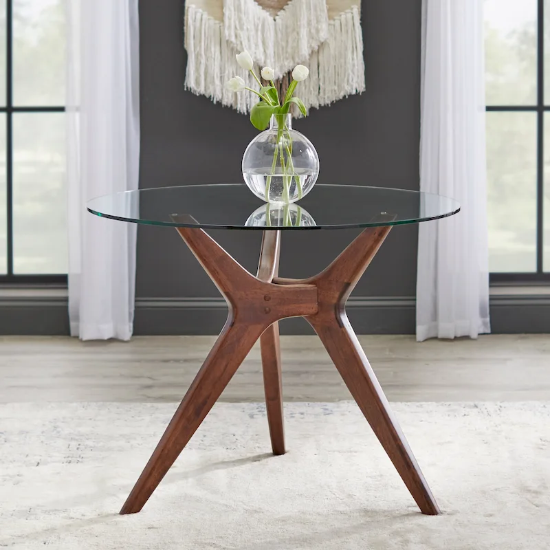Walnut Round Glass Dining Table, Mid-Century Style, Seats 4