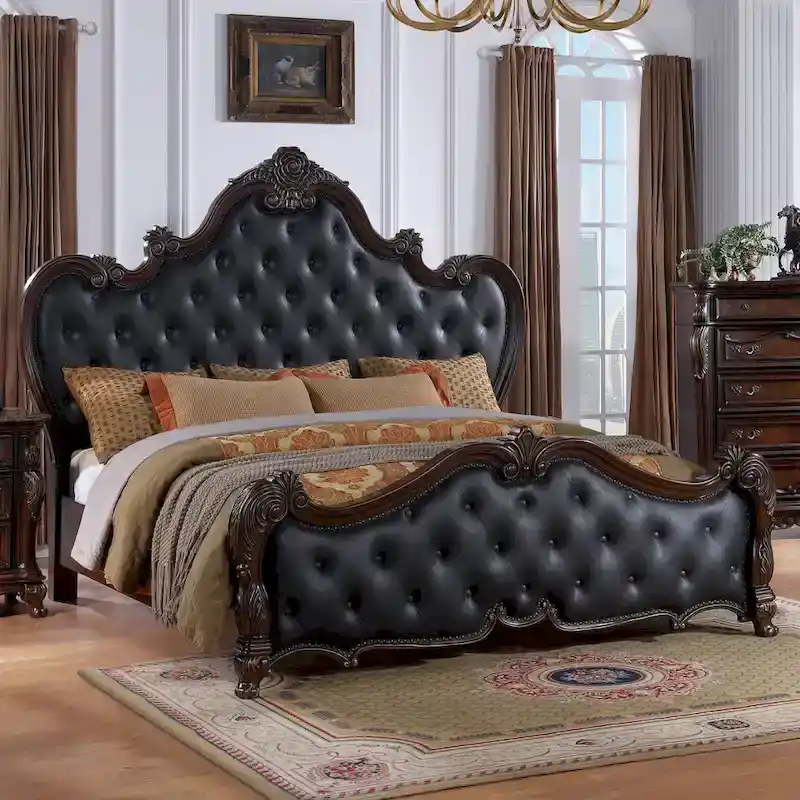 Furniture of America Eugene Traditional Solid Wood Panel Bed with Tufted Leatherette Headboard