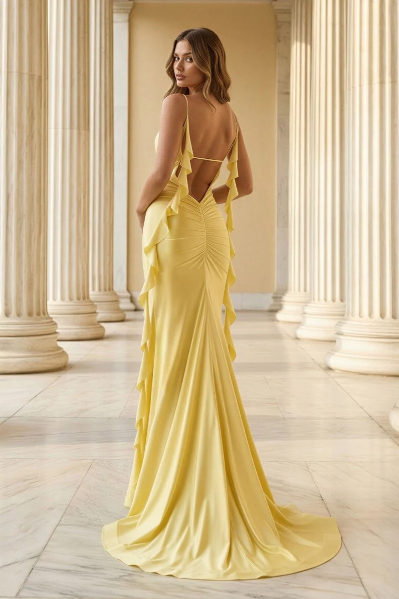 Yellow V Neck Mermaid Satin Ruffled Long Prom Dresses With Slit