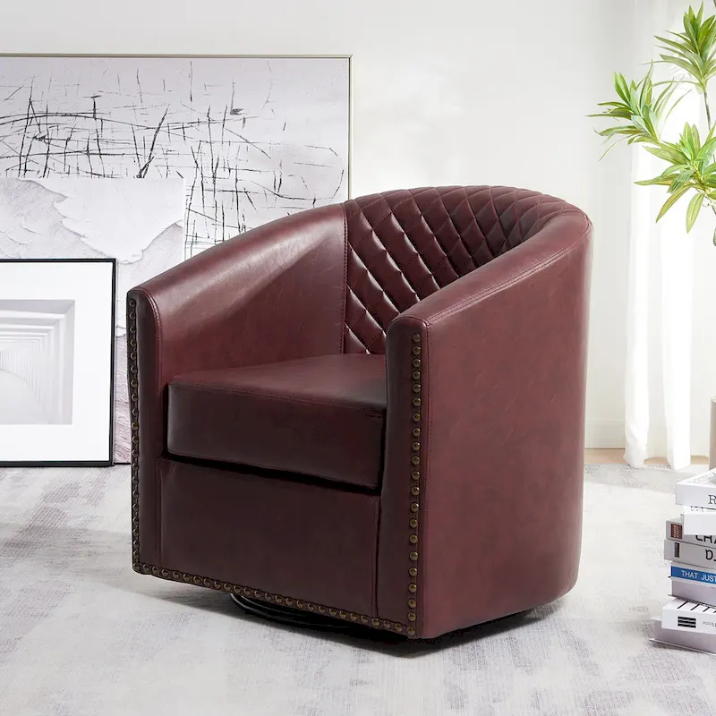 KINWELL 29 Wide Tufted PU Leather Swivel Barrel Chair