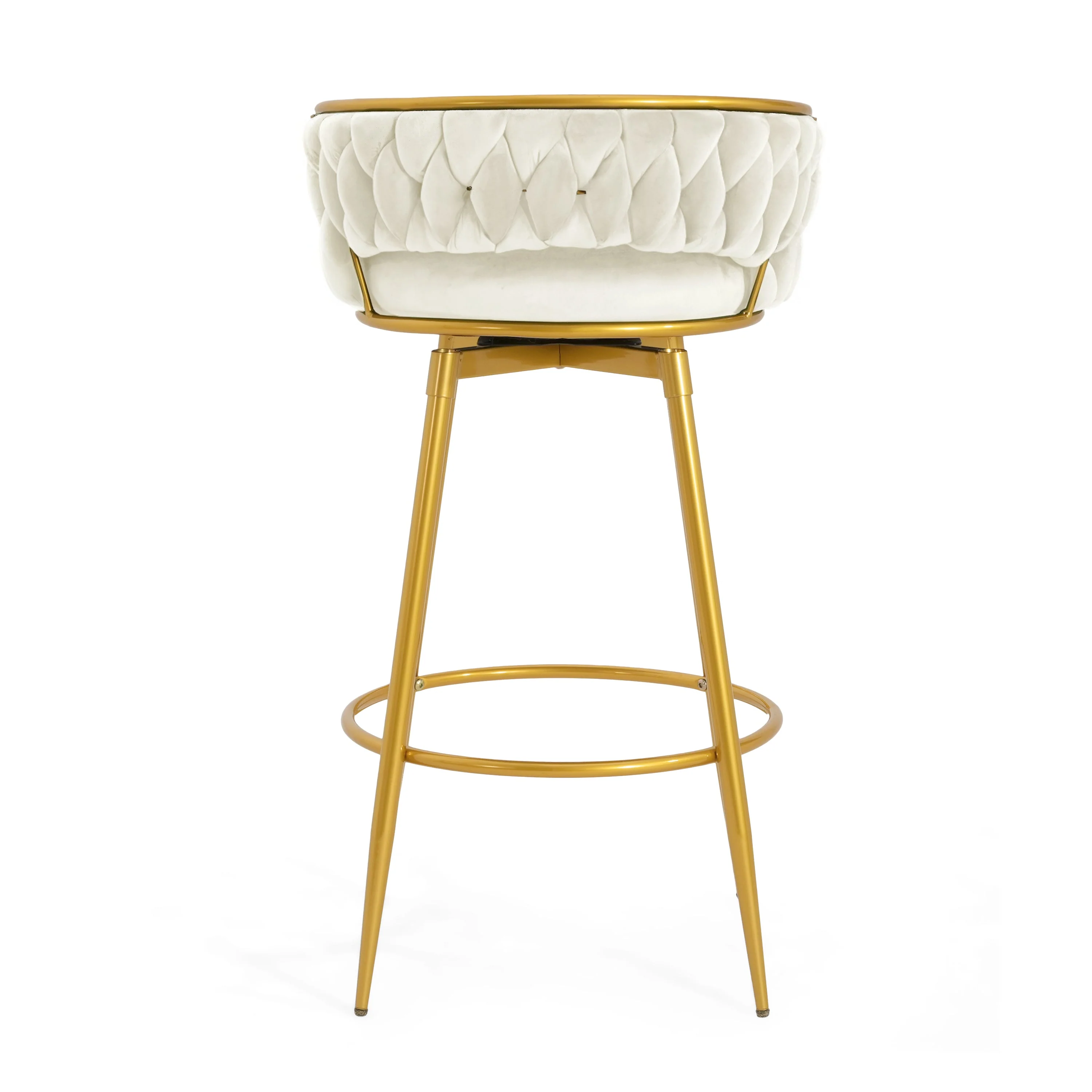 Set of 2 Velvet Swivel Bar Stools 180¡ã Gold Frame w/ Woven Back & Footrest