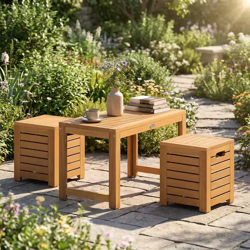 Costway 3PCS Patio Rectangular Table and Stools Set with Hidden Storage Space for Balcony