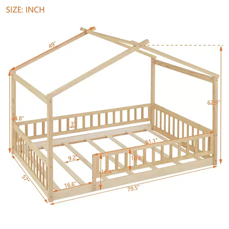 Bellemave Full Size Montessori Floor Bed, Wood House Bed Frame, House Bed for Kids, Montessori Bed with Fence, Playhouse for Kids,Natural