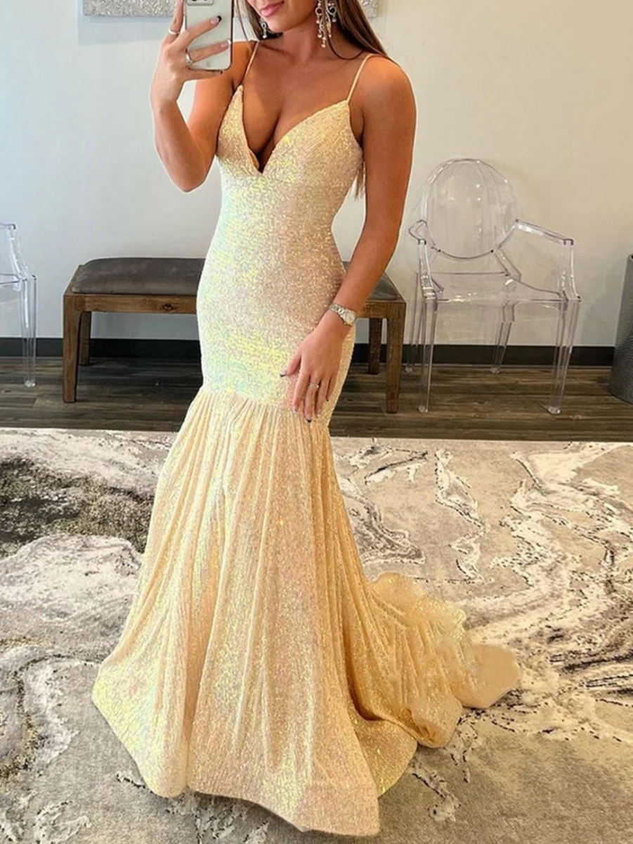 Mermaid Orange V Neck Sequins Prom Dress