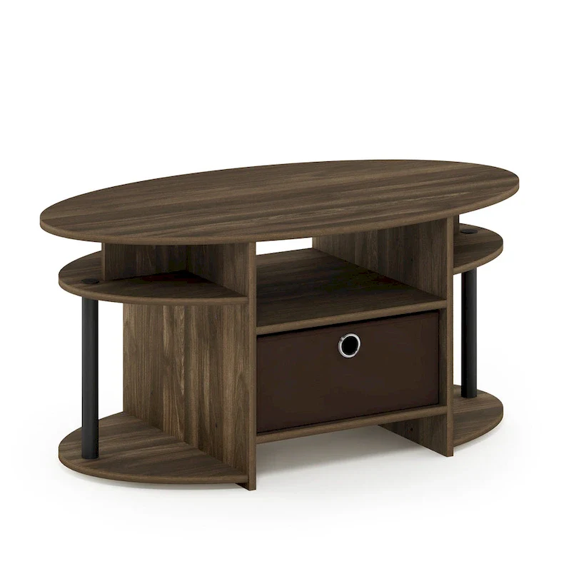 Oval Coffee Table with Storage Bin and Built-In Shelves