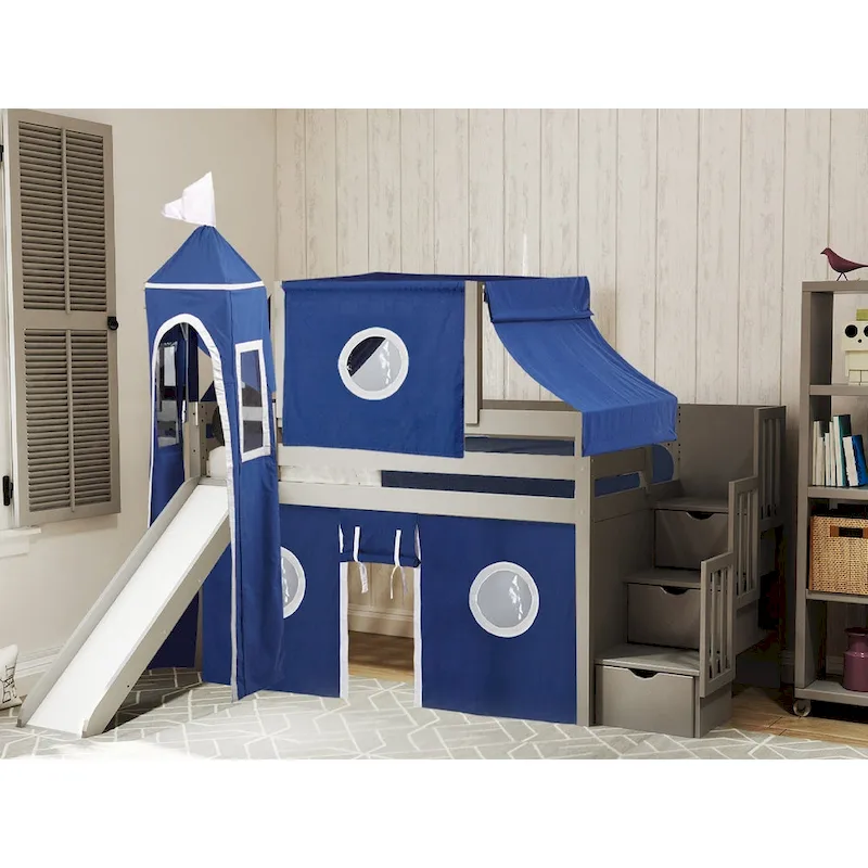 JACKPOT Prince & Princess Low Loft Twin Bed, Stairs Slide Tent & Tower