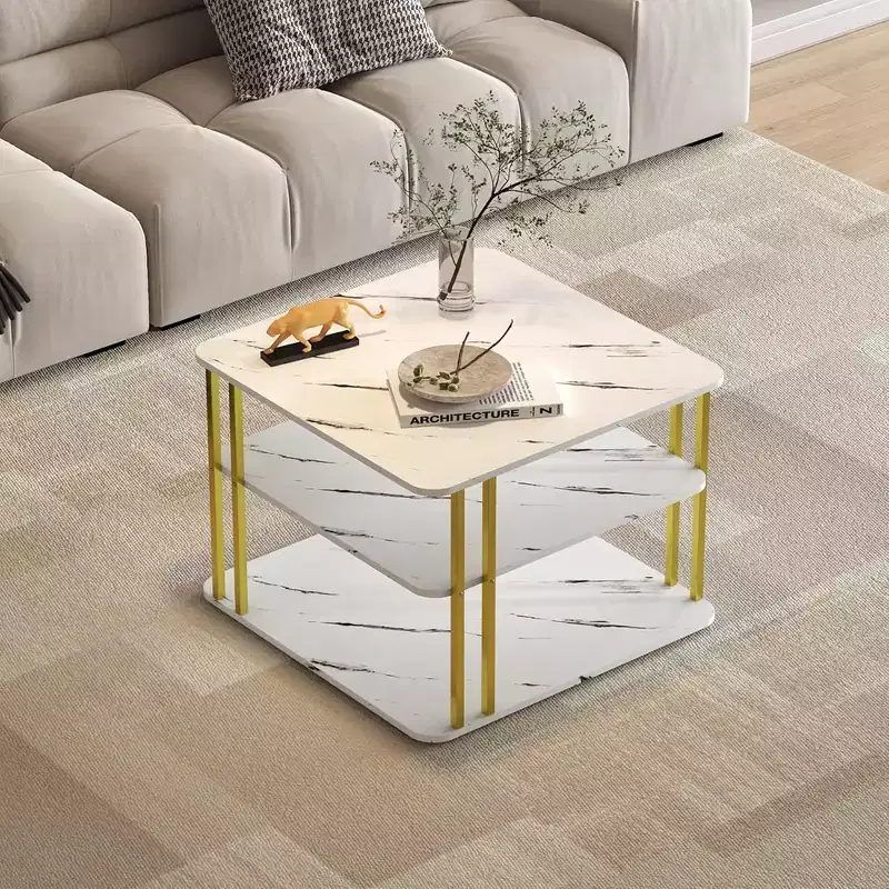 GOLDFAN 3-Tier Modern Square Coffee Table White with Gold Metal Legs with Storage