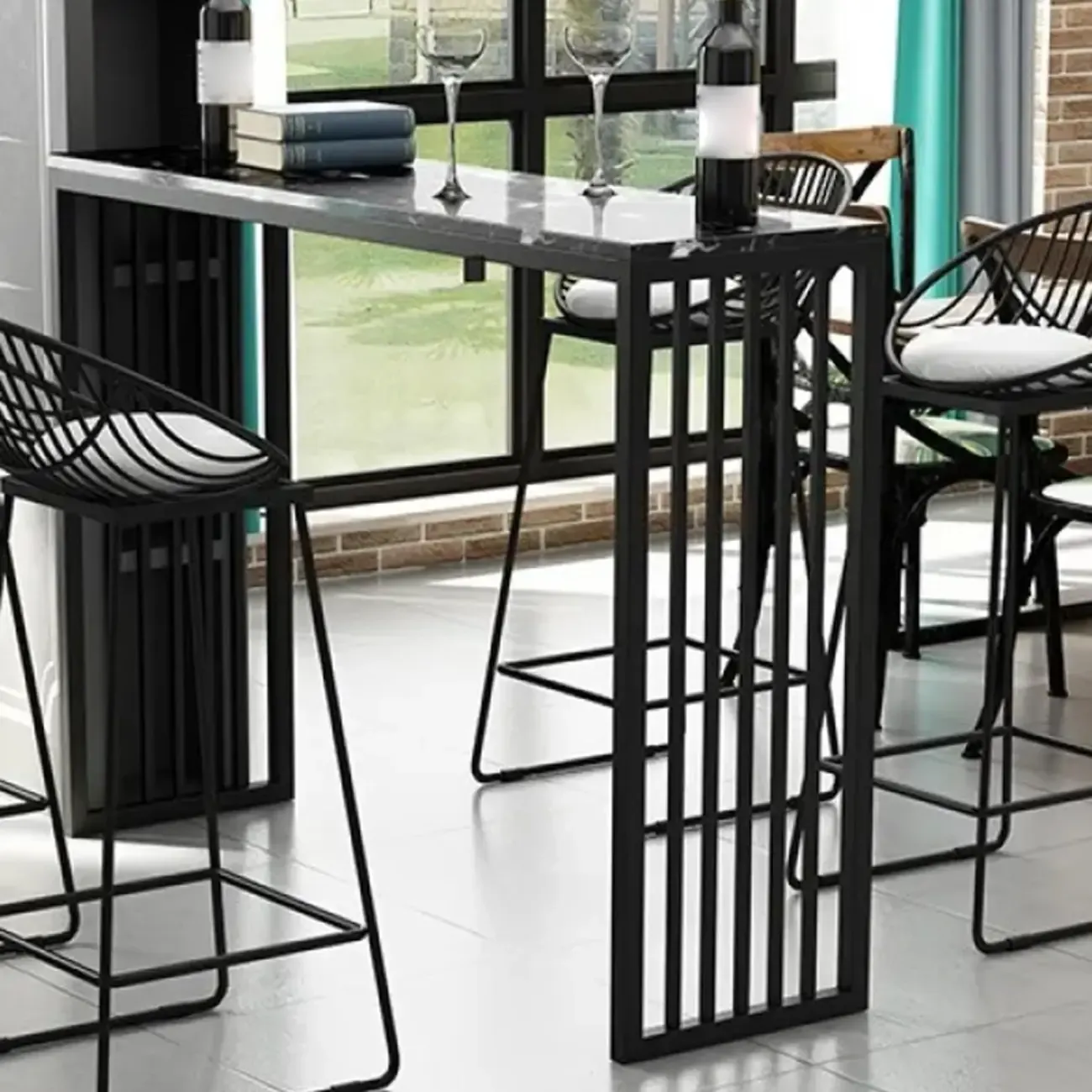 Glam White Faux Marble Gold Rail Metal Base Bar Tables