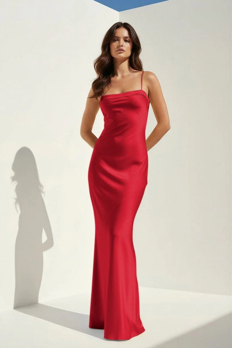 Yellow Spaghetti Straps Sheath Satin Open Back Long Prom Dresses