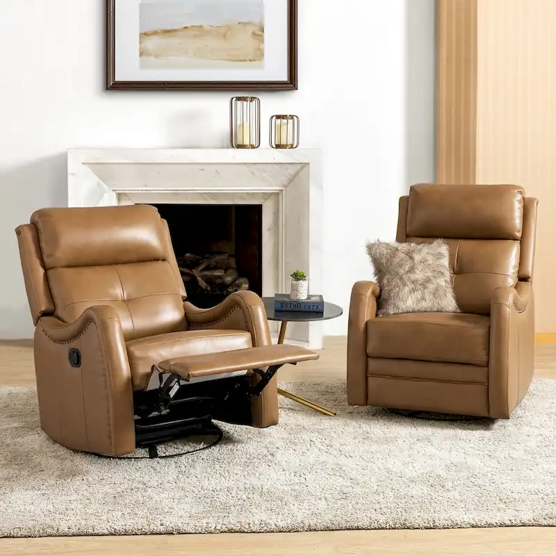 FrancoModern Genuine Leather Swivel Rocker Recliner with Nailhead Trims Sets of 2 by HULALA HOME