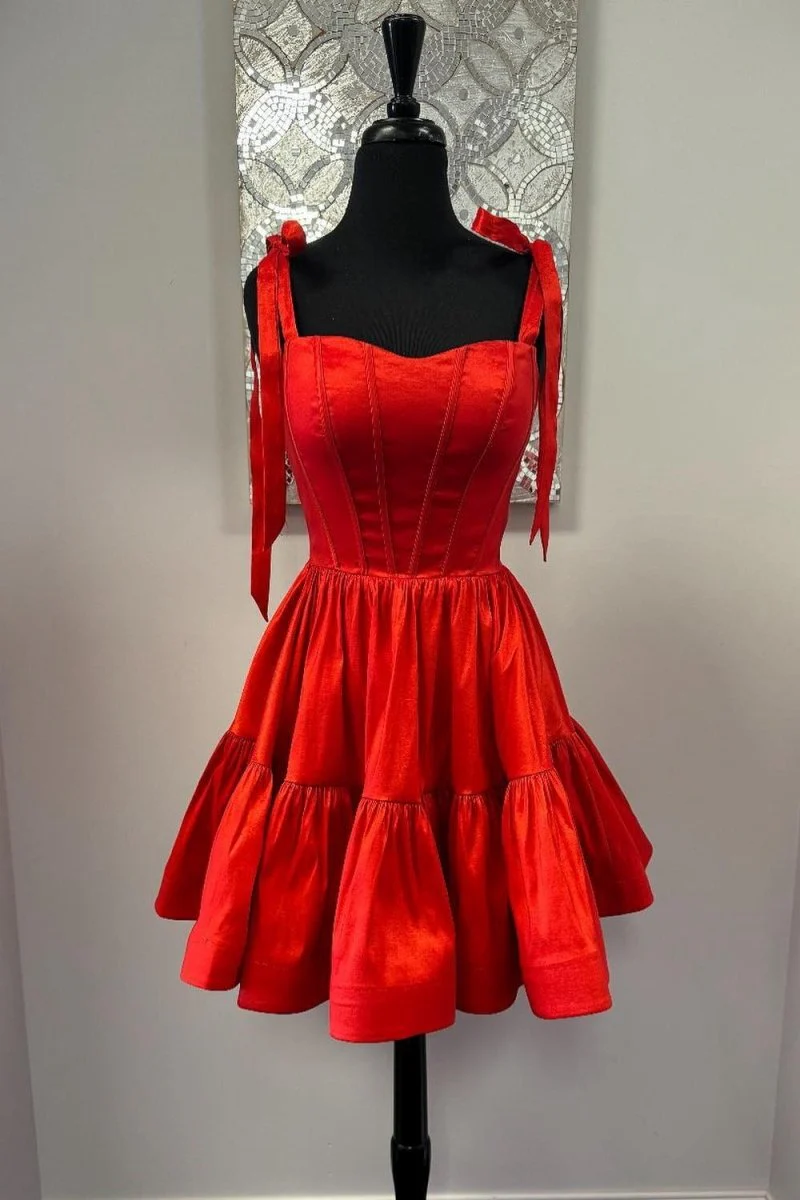 Red - Bow Straps Satin Ruffles A-line Short Homecoming Dresses