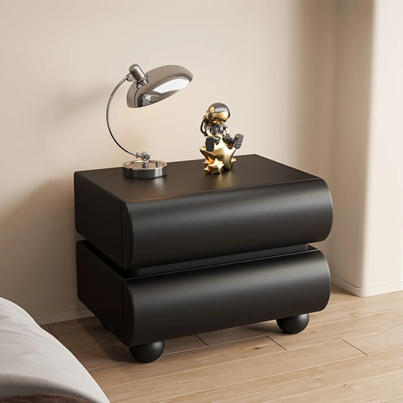 Stylish Black Unique Rounded Wooden Bedside Nightstand