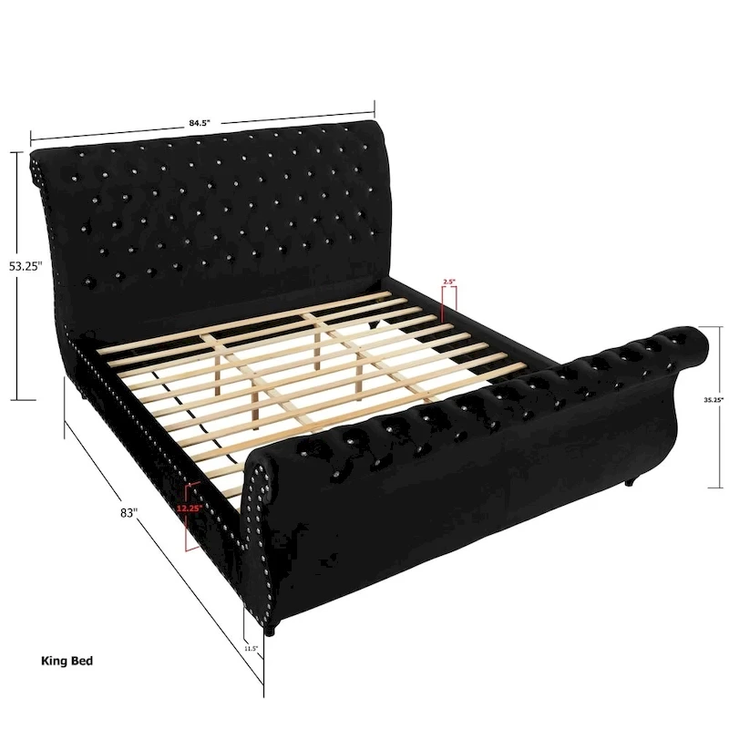 Gracewood Hollow Trivedi Black Velvet Crystal Button-tufted Sleigh Bed