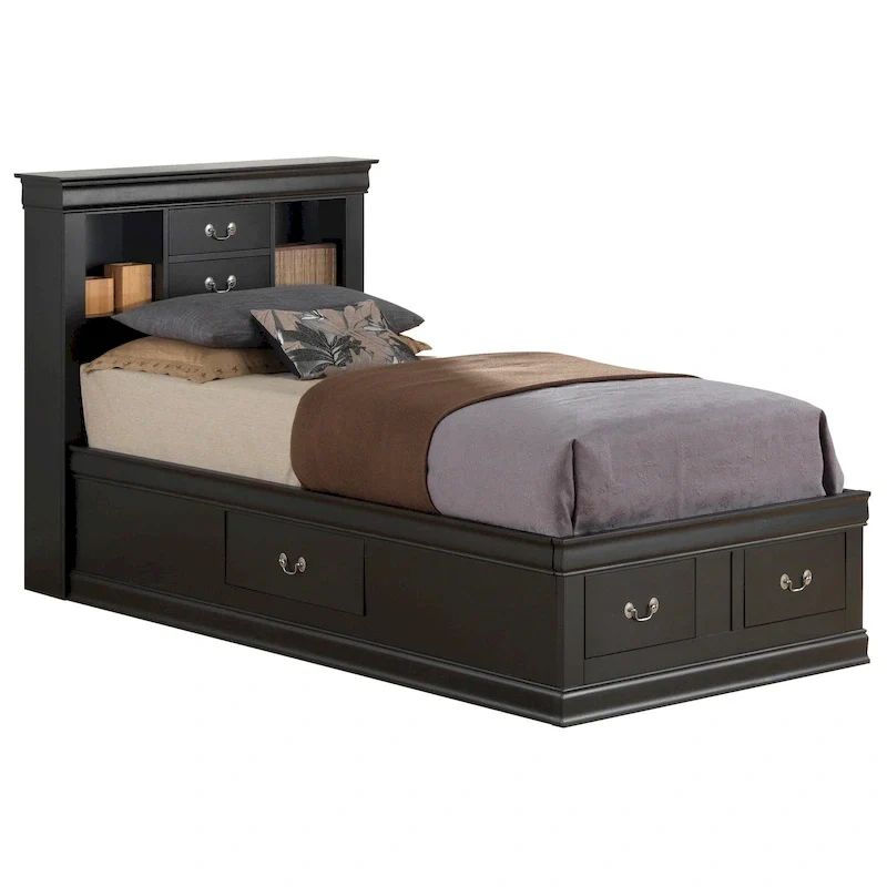 Storage Bed with Bookcase Headboard and Multiple Drawers