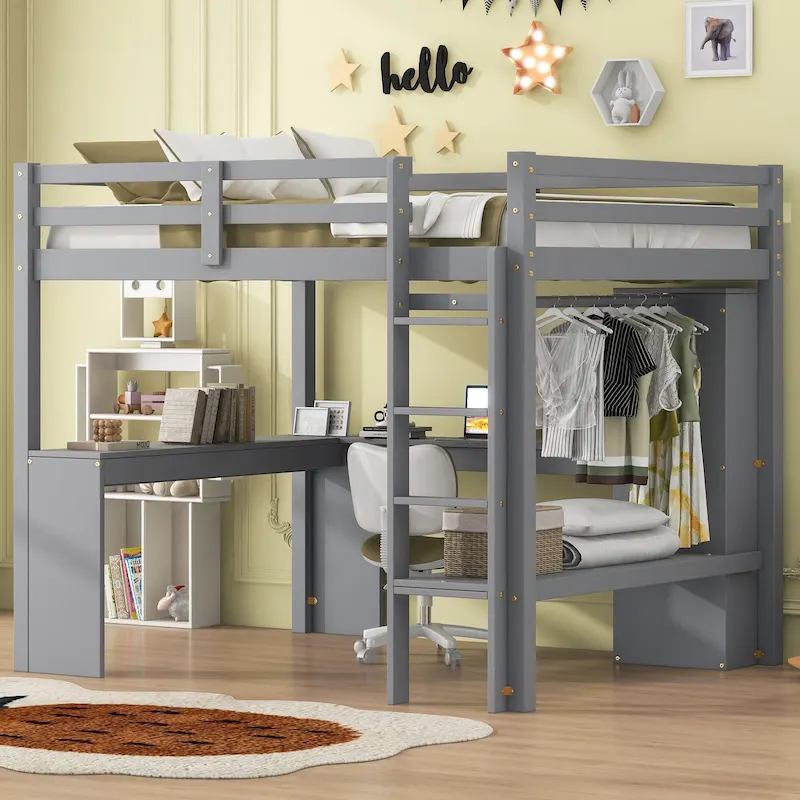 Grey/White Loft Bed with L-Shaped Desk & Storage, Twin/Full, 1-Person