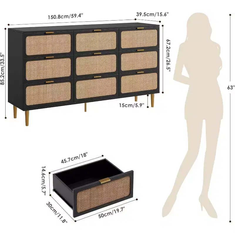 9-Drawer Dresser, Modern Wooden Bedroom Chest of Drawers With Storage Drawers, Farmhouse Style TV Stand for Living Room, Bedroom, Hallway